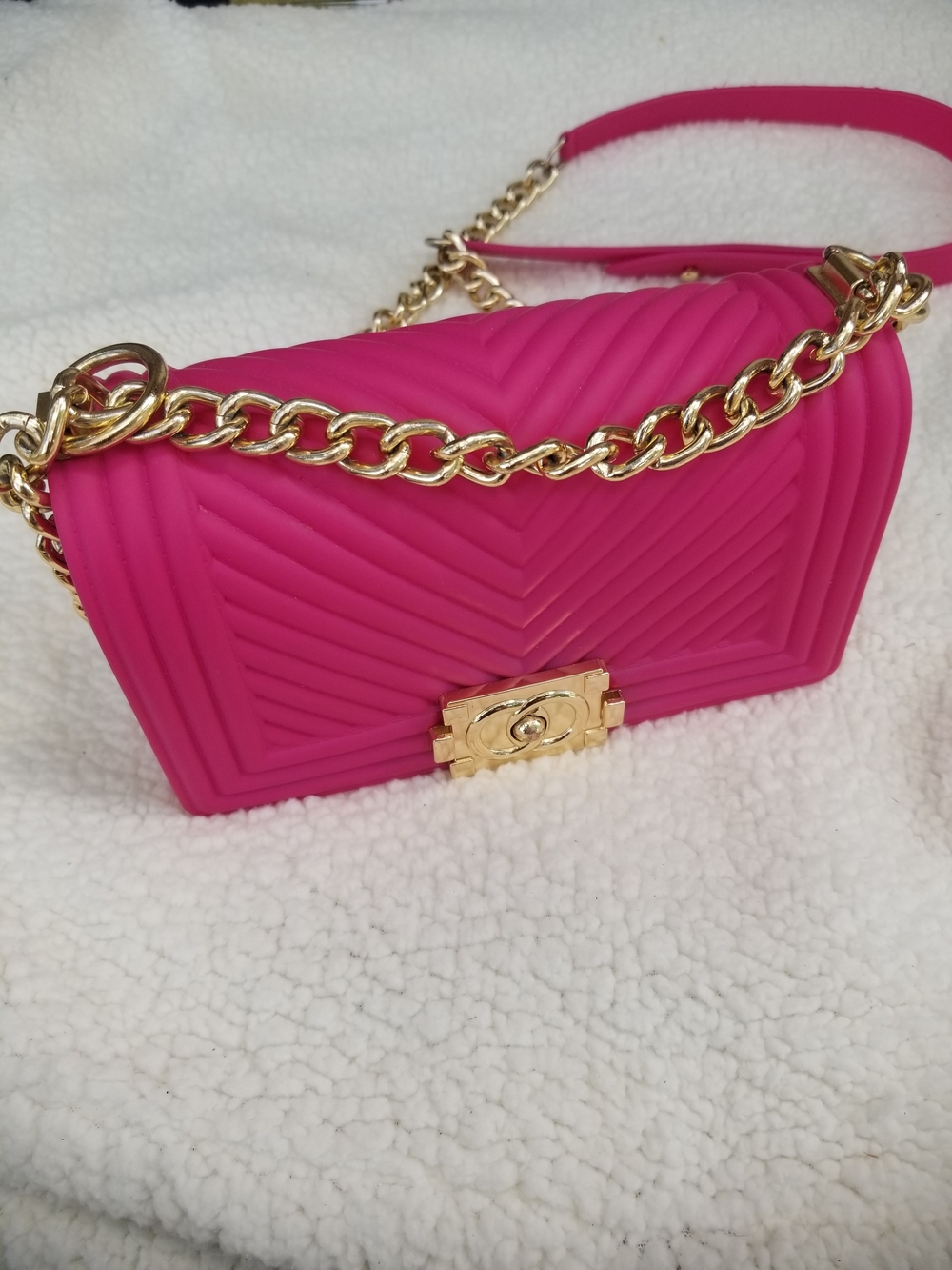 Hot Pink Quilted Jelly Crossbody Bag with Gold Chain